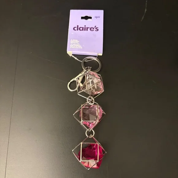 NWT Claire's Pink Gem Dangle Keychain Charm Silver Tone Geometric Shapes - Picture 1 of 7